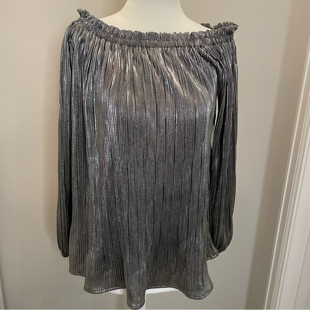 NWT JW Style Metallic Silver Crinkle On/Off Shoulder Holiday Blouse Wm Size S